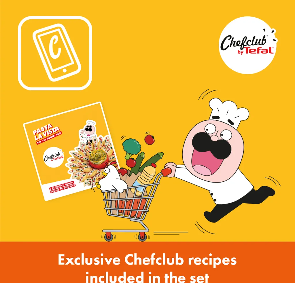 Chefclub By Tefal Pasta La Vista Kochgeschirr-Set | G804S4 | Pfanne 28 Cm, Kochtopf 20 Cm, Universalmesser, Schneidebretter, Rezeptheft Mit Leckeren Rezepten 11 Chefclub By Tefal Pasta La Vista Kochgeschirr-Set | G804S4 | Pfanne 28 Cm, Kochtopf 20 Cm, Universalmesser, Schneidebretter, Rezeptheft Mit Leckeren Rezepten – Bild 9